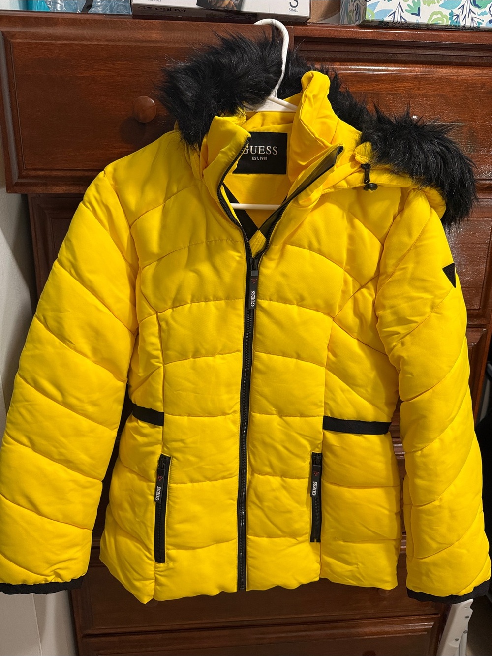 GUESS Yellow Quilted Puffer Jacket with Black Faux Fur Trim